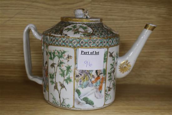 A Satsuma miniature teapot, 3.25in., a late 18th century Chinese famille verte teapot, a plate and a cup